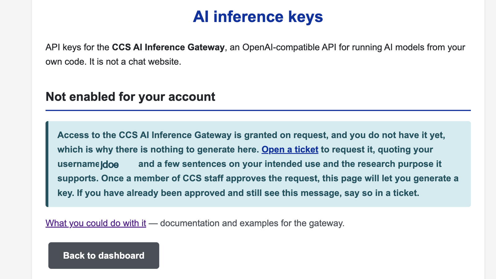 The AI Inference Keys page before approval: nothing to generate yet, and how to ask.