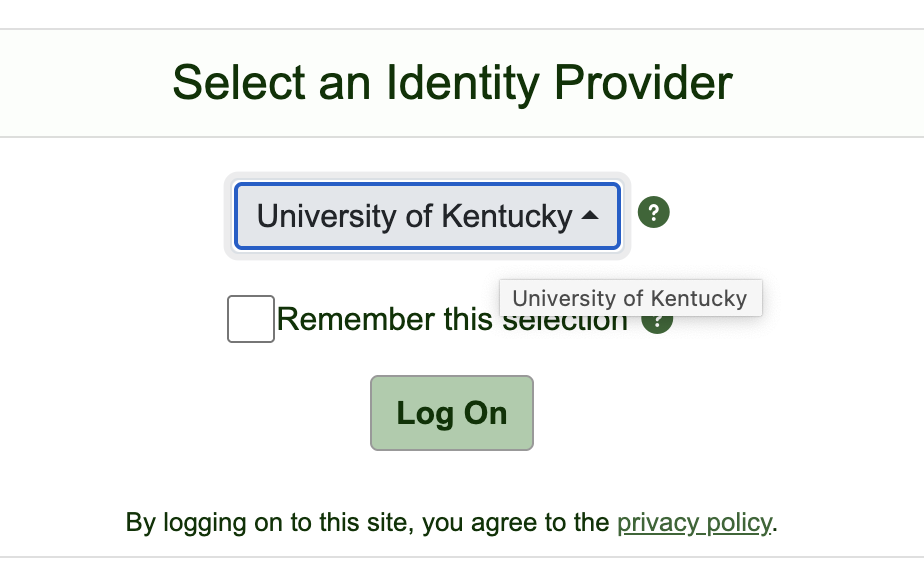 CILogon asks which identity provider to use; University of Kentucky people pick University of Kentucky.
