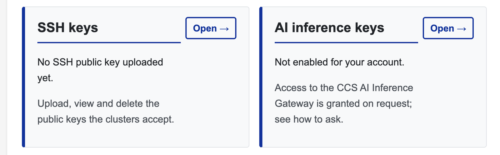 The dashboard after your first login: the AI inference keys card says access is not enabled yet.