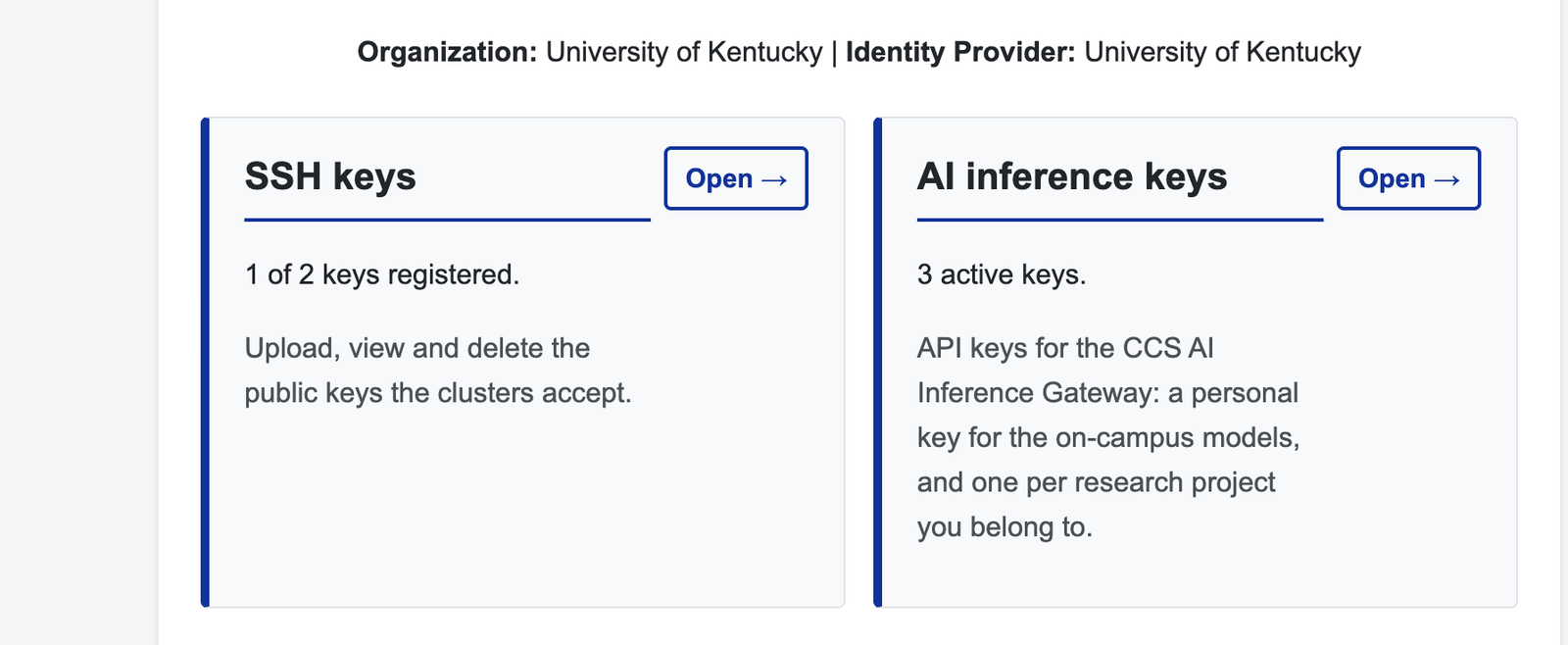 The dashboard: an SSH keys card and an AI inference keys card. Open takes you to that area.