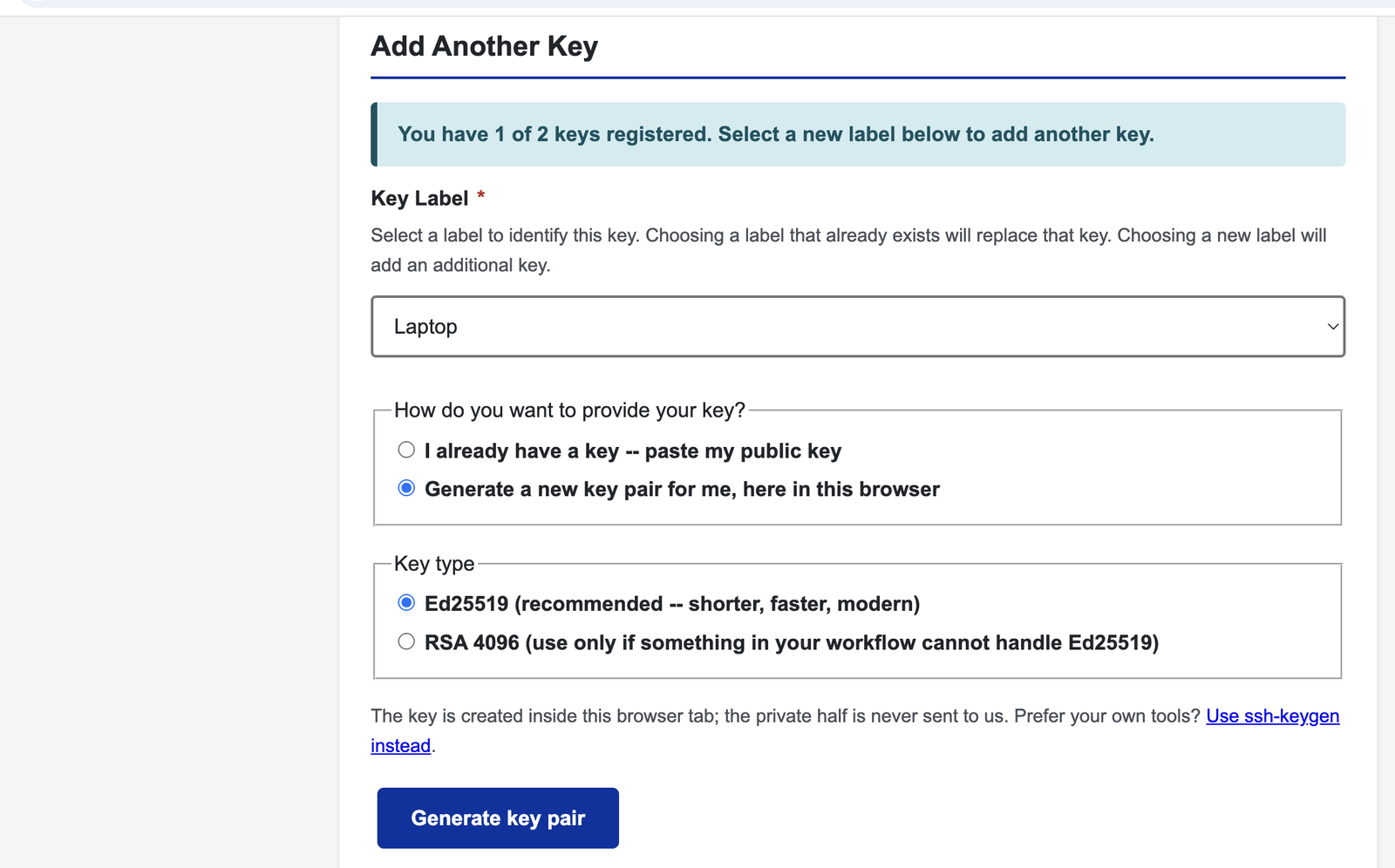 Choosing to generate a key pair in the browser, and selecting the key type.