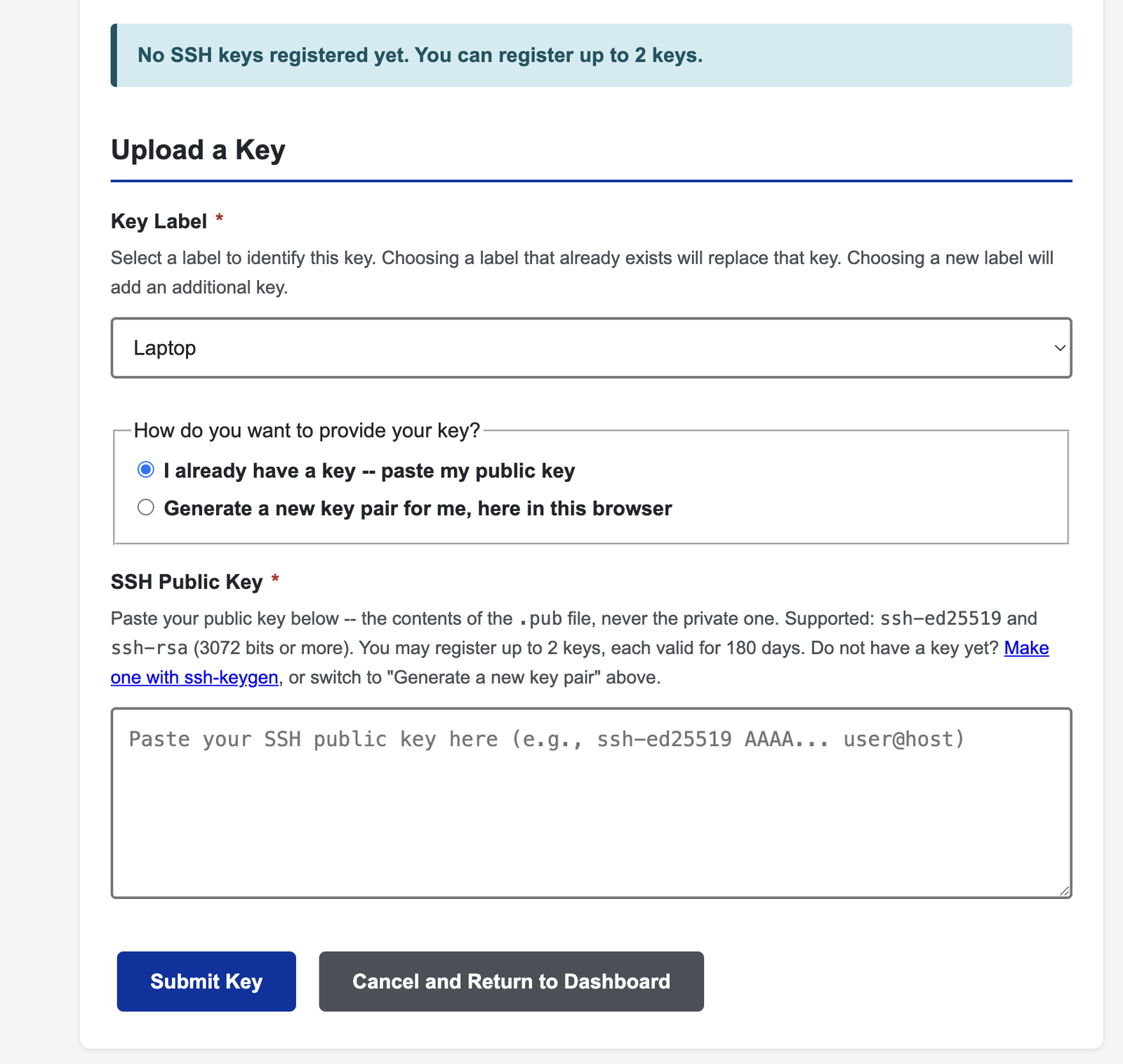 The upload form with 